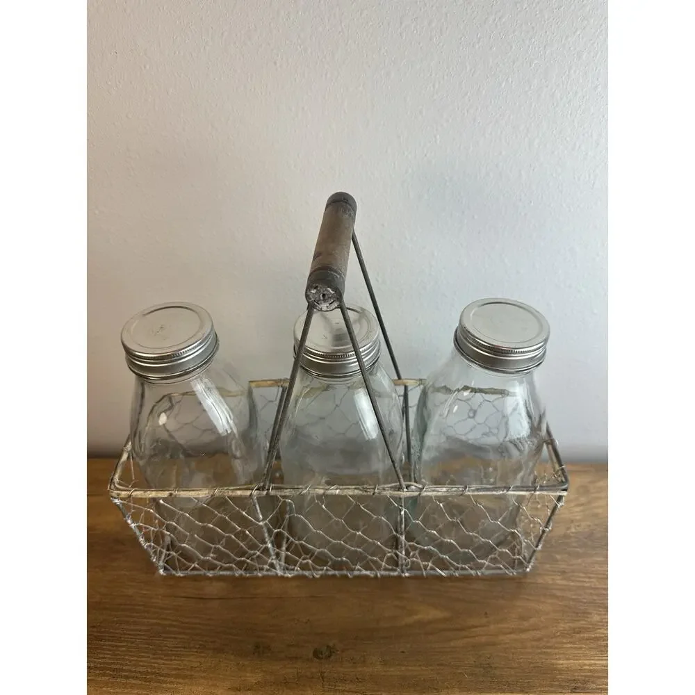 Vintage Glass Milk Bottles Wire Basket Trio Farmhouse Kitchen Decor